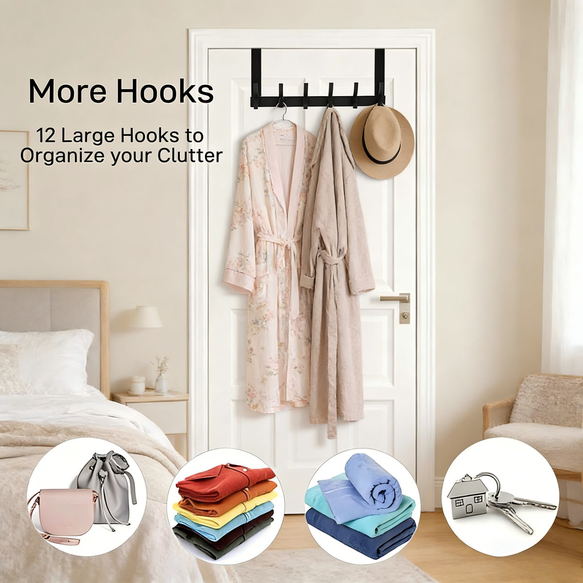 1 Pack Over The Door Hooks Towel Rack With 12 Coat Hooks Black